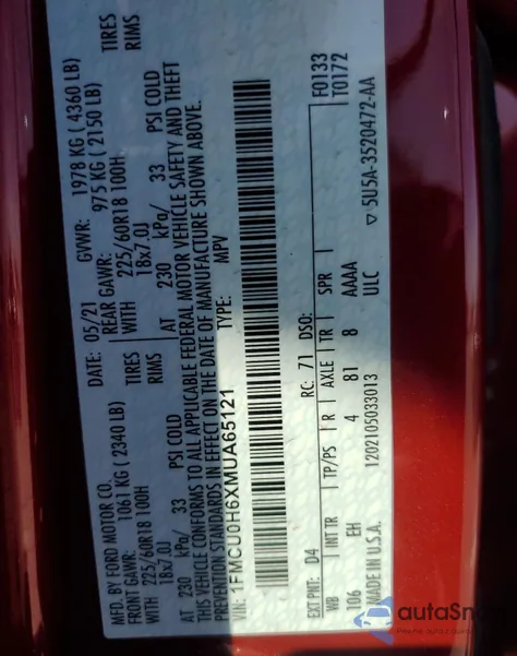 2021 Ford Escape Sel from USA, damaged, VIN 1FMCU0H6XMUA65121